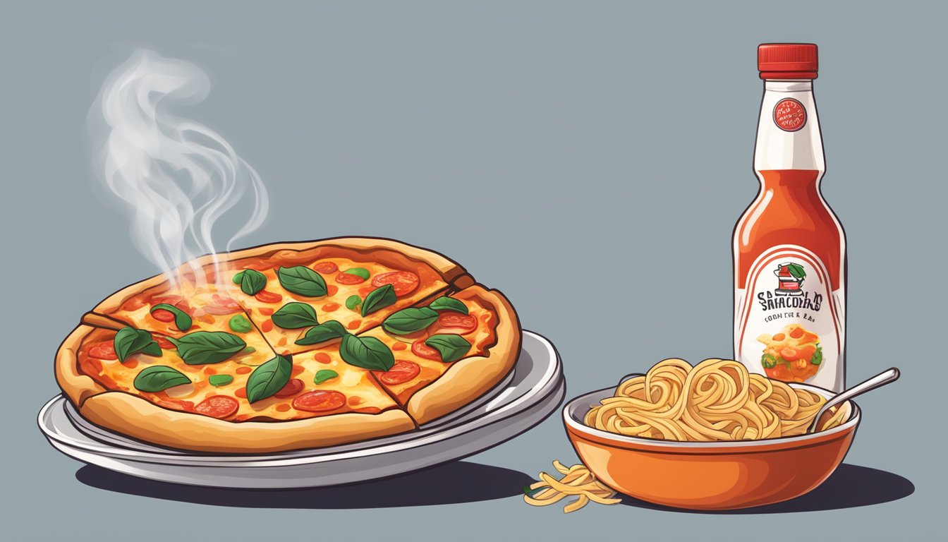 A steaming slice of pizza and a bowl of pasta topped with Sriracha sauce