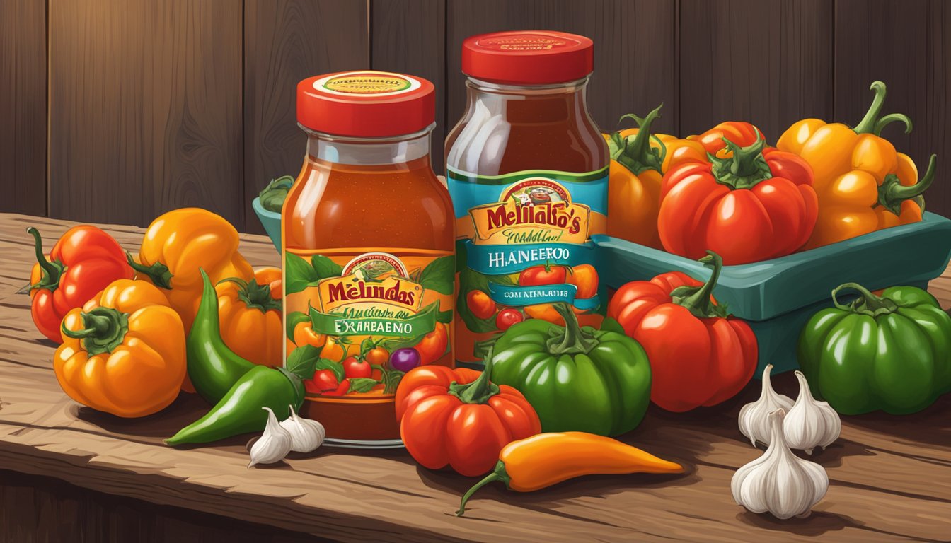 A vibrant display of fresh habanero peppers, tomatoes, and garlic arranged on a rustic wooden table, surrounded by colorful bottles of Melinda's Original Habanero Extra Hot Sauce