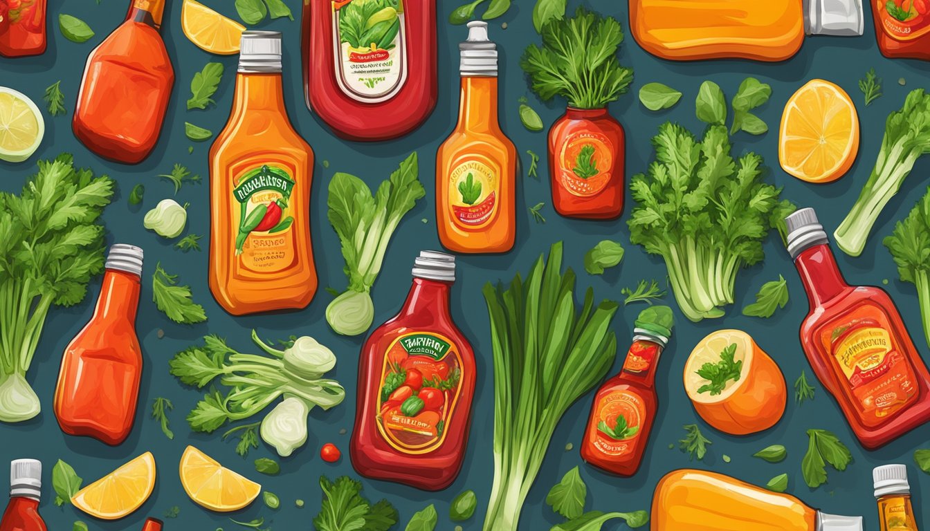 A vibrant display of colorful hot sauce bottles with fresh vegetables and herbs surrounding them