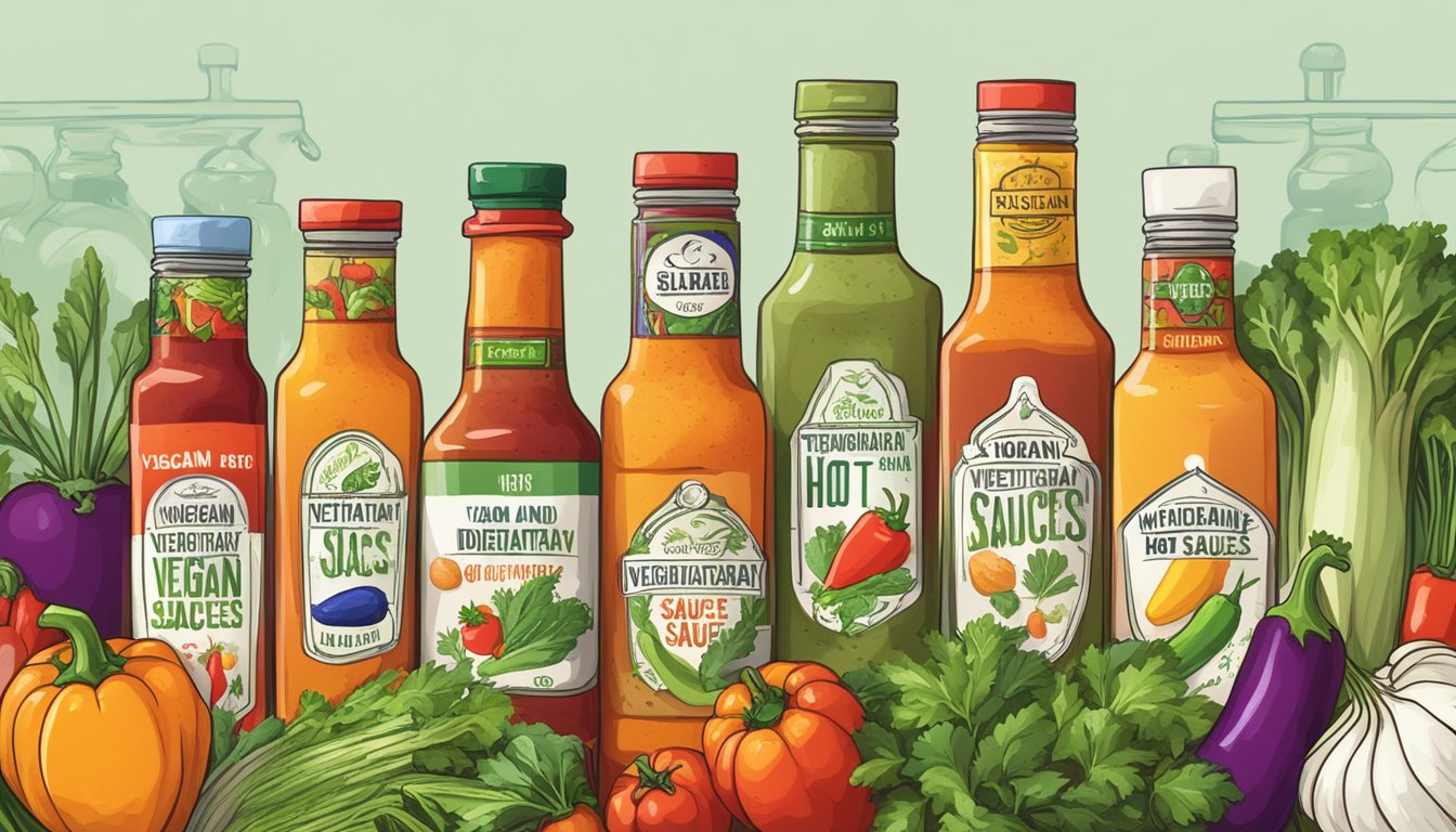 A variety of colorful hot sauce bottles surrounded by fresh vegetables and herbs, with a banner reading "Vegan and Vegetarian Hot Sauces."