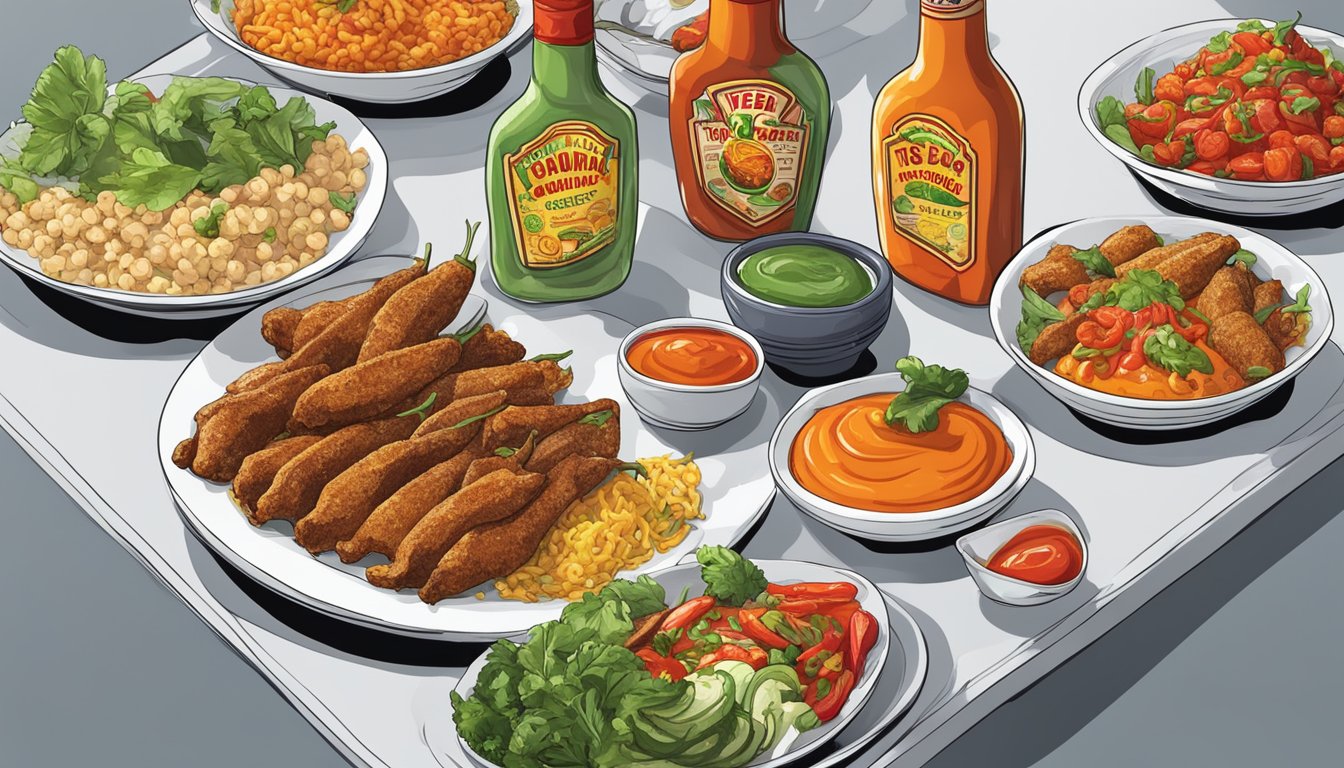 A colorful array of hot sauce bottles arranged next to plates of various vegan and vegetarian dishes, with steam rising from the food