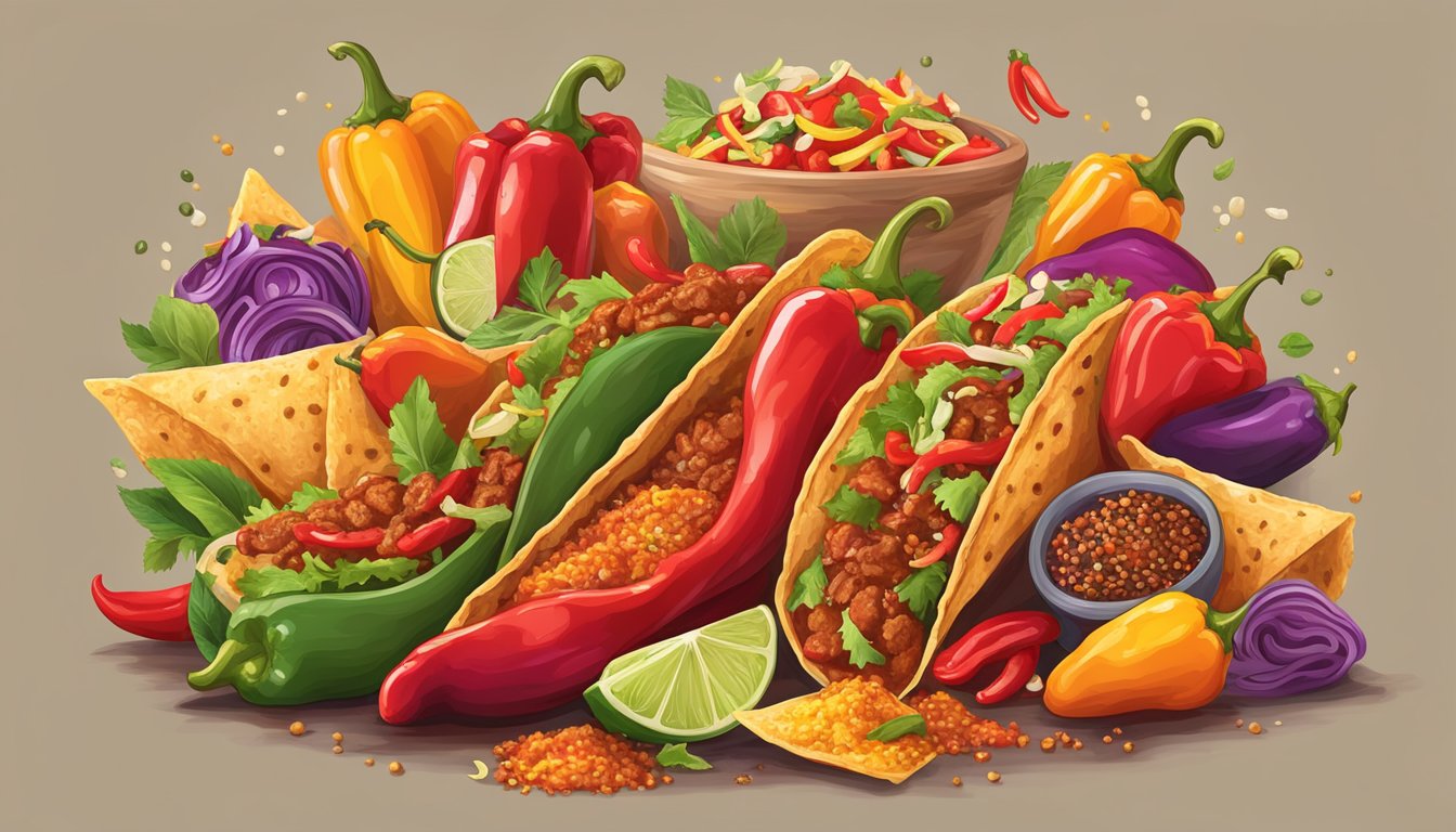 A sizzling red taco sauce bottle with vibrant peppers and spices bursting out, surrounded by colorful tacos and burritos