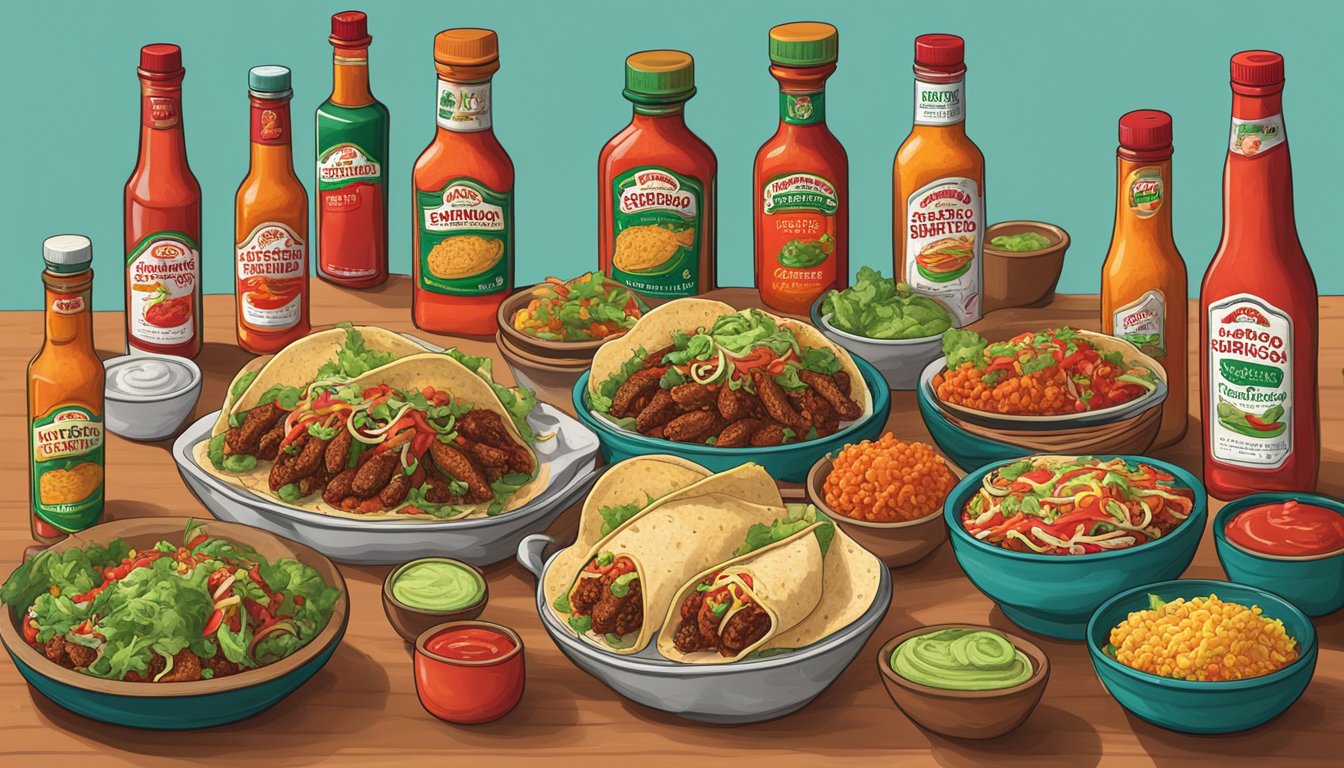 A table set with tacos and burritos, surrounded by bottles of Huy Fong Sriracha and other hot sauces