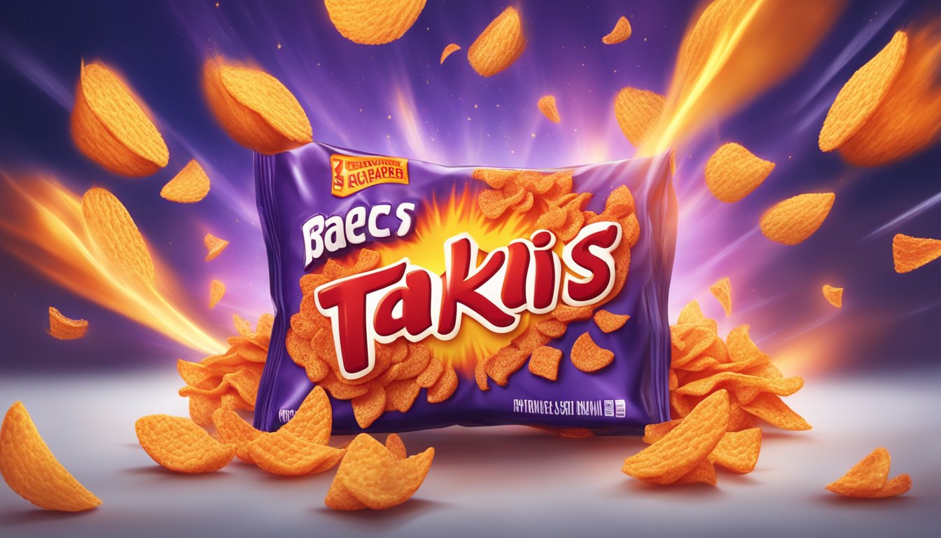 A fiery red and orange explosion of Takis chips and snacks, surrounded by flames and heat waves