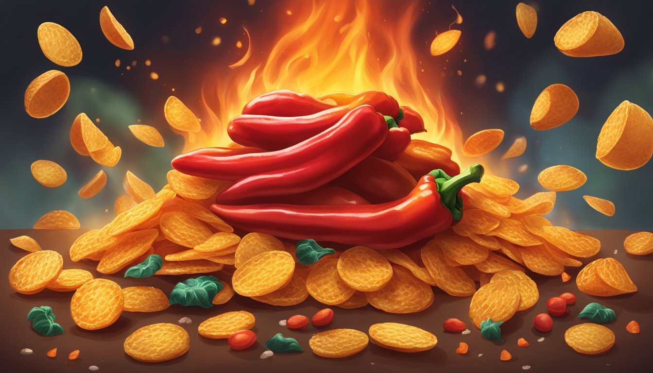 A fiery red pepper hovers menacingly over a pile of spicy snacks and chips, emitting an ominous aura