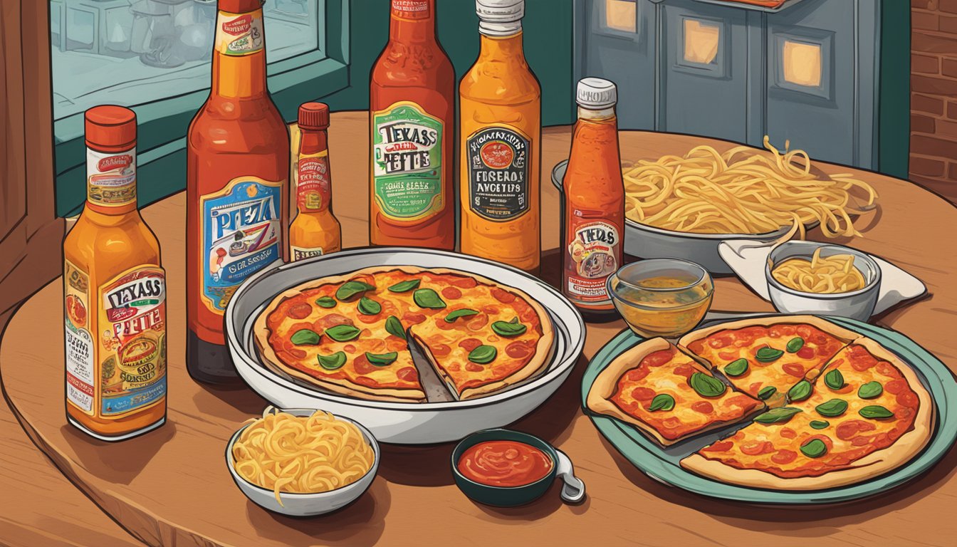 A steaming slice of pizza and a bowl of pasta surrounded by bottles of Texas Pete Original Hot Sauce