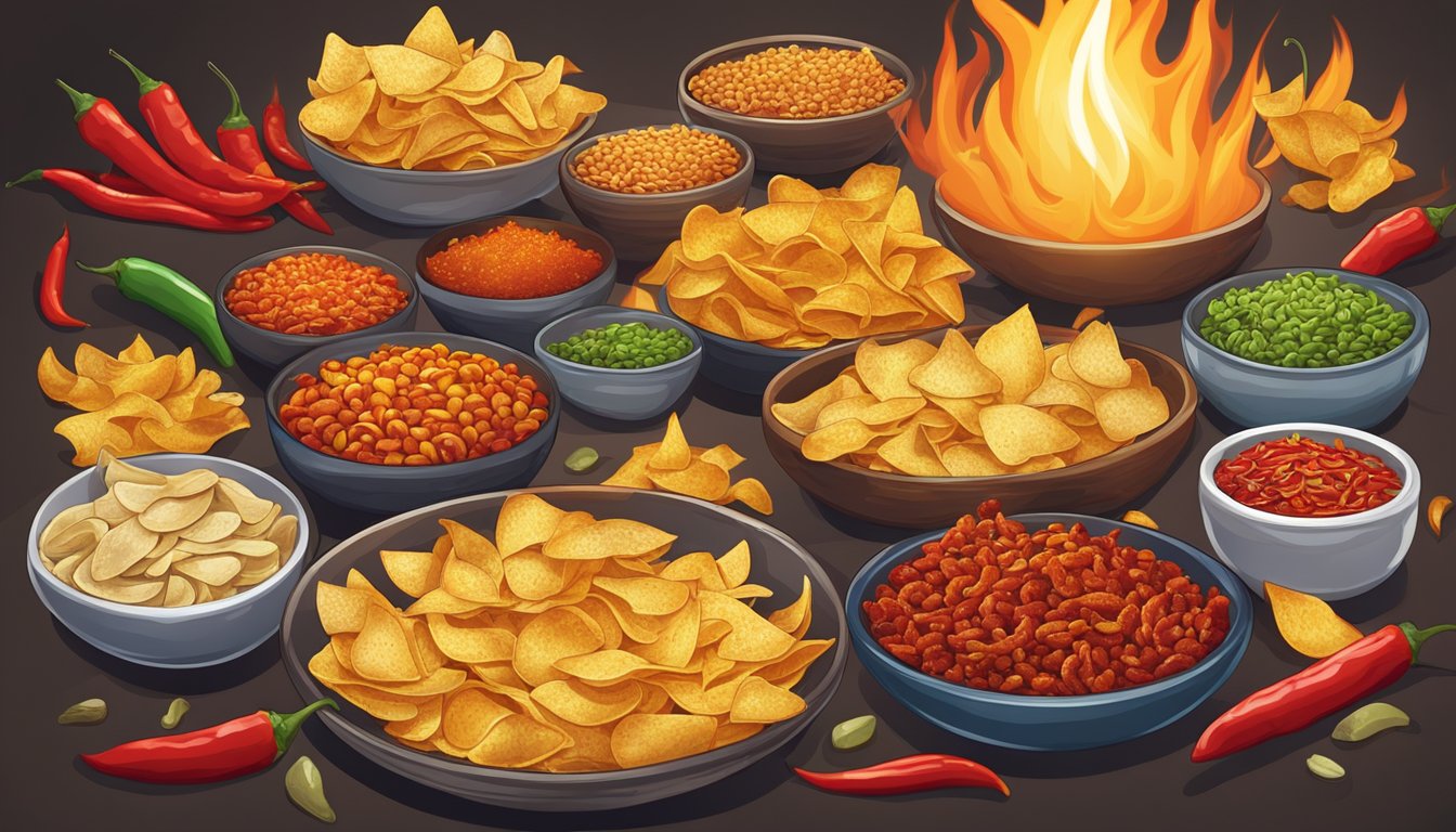 A variety of spicy snacks and chips arranged on a table with flames and chili peppers in the background