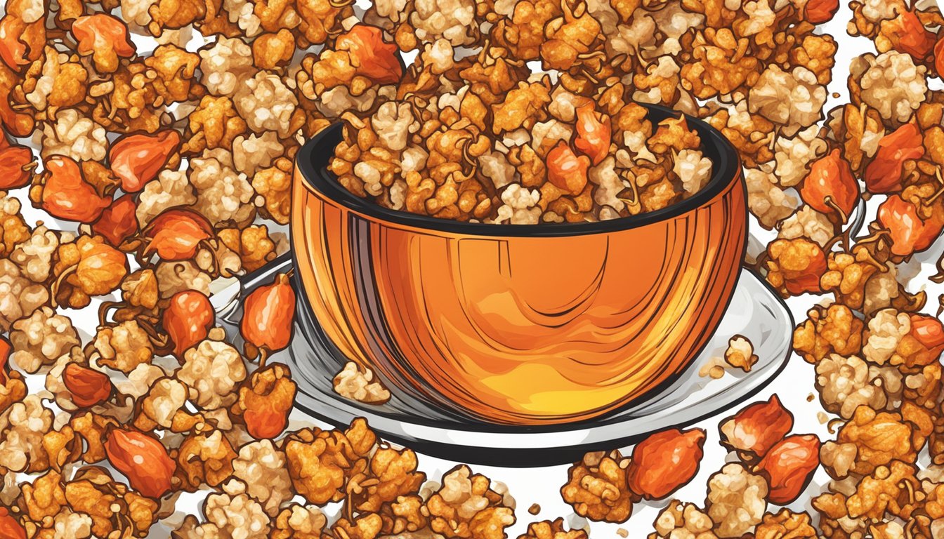 A bowl of fiery red popcorn drizzled with honey, surrounded by scattered habanero peppers