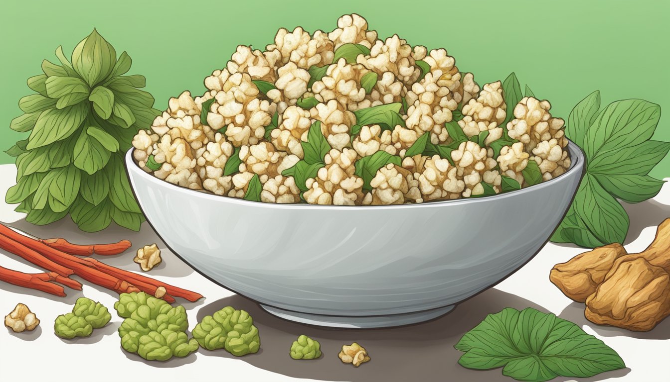 A bowl of wasabi ginger popcorn surrounded by fiery red and green ginger root and wasabi plants