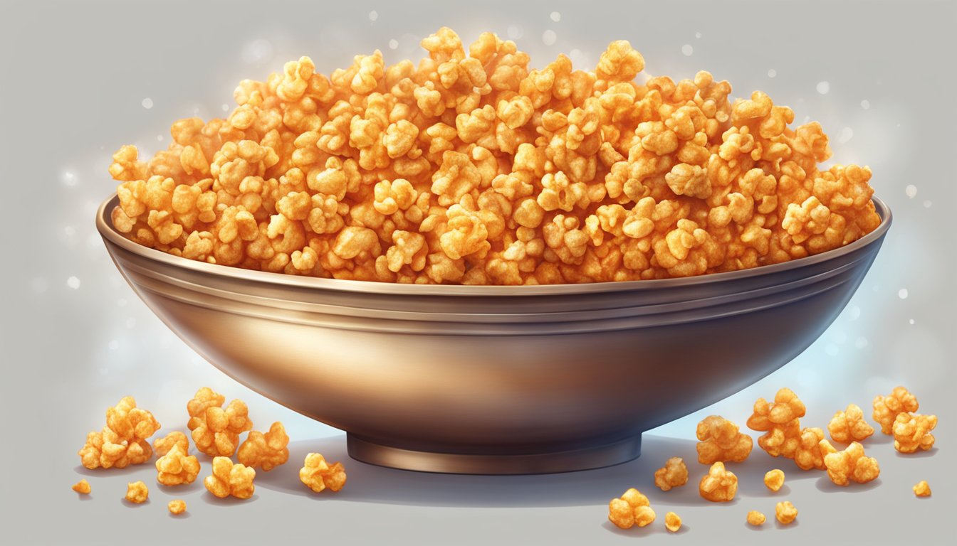 A steaming bowl of bright red curry popcorn, emitting waves of heat and spice