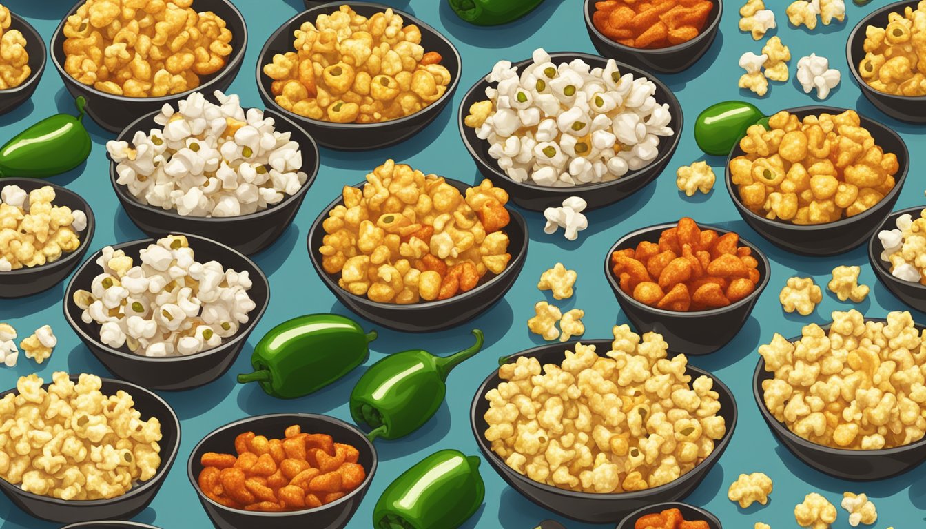 A variety of spicy popcorn flavors arranged on a table, including jalapeno, sriracha, and chili lime, with steam rising from the freshly popped kernels