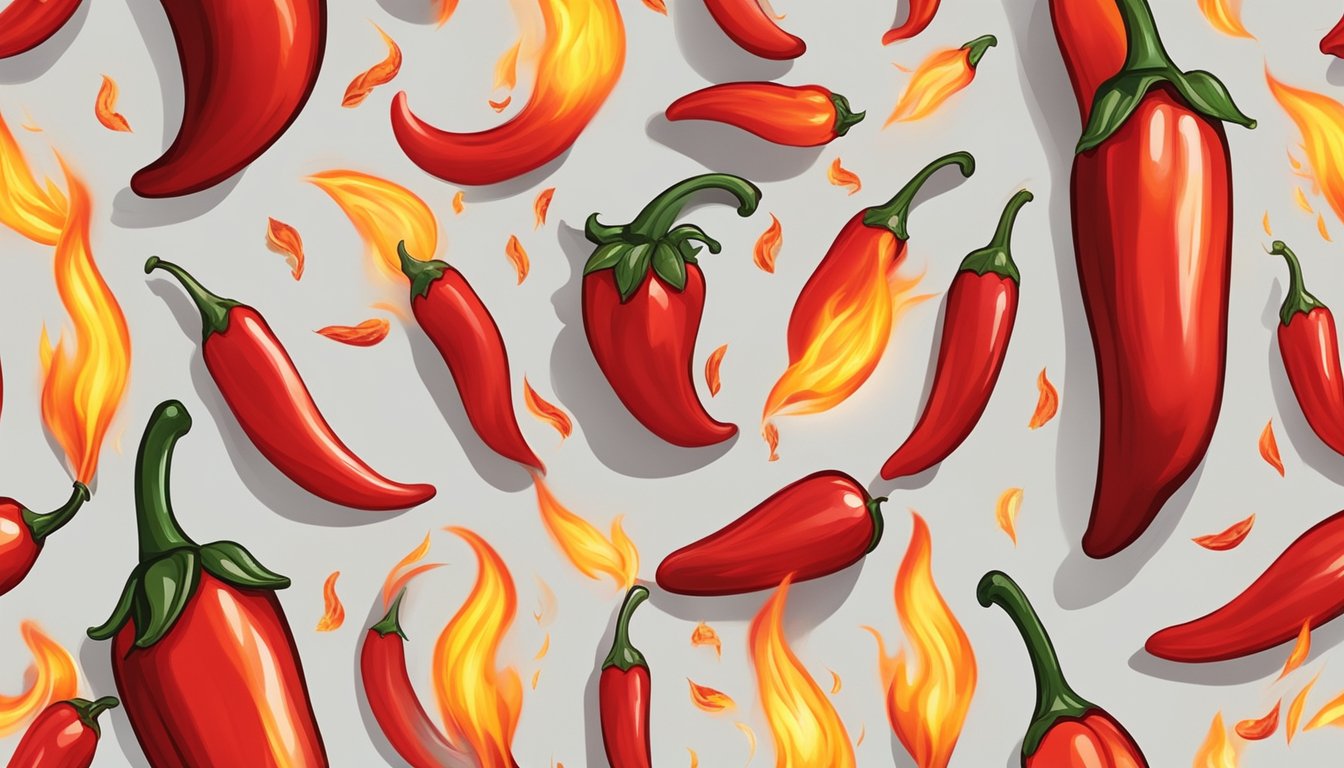 A vibrant red infinity chili pepper surrounded by flames and smoke, emanating intense heat and spiciness