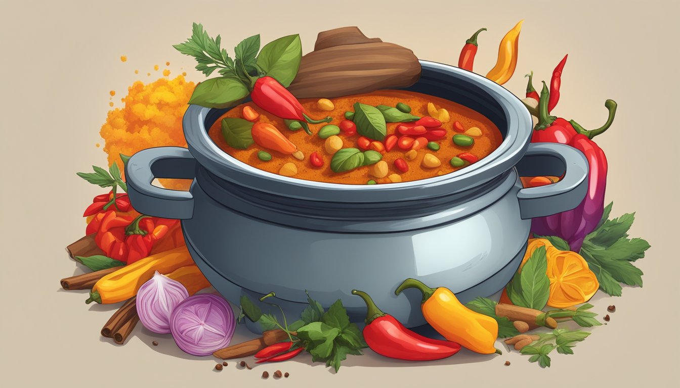 A steaming pot of vindaloo curry surrounded by colorful spices and herbs. A fiery red chili pepper sits on top, emanating heat