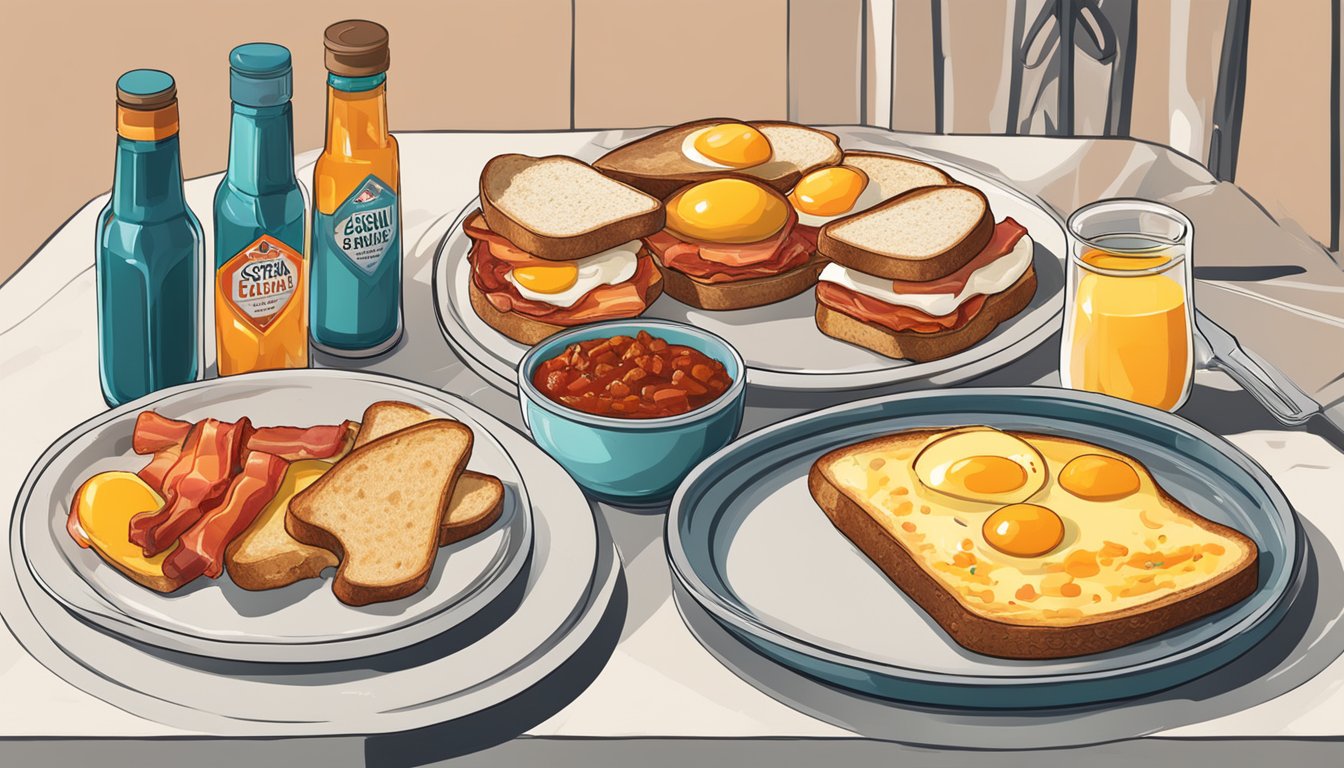 A breakfast table with eggs, bacon, and toast, accompanied by bottles of Crystal Hot Sauce