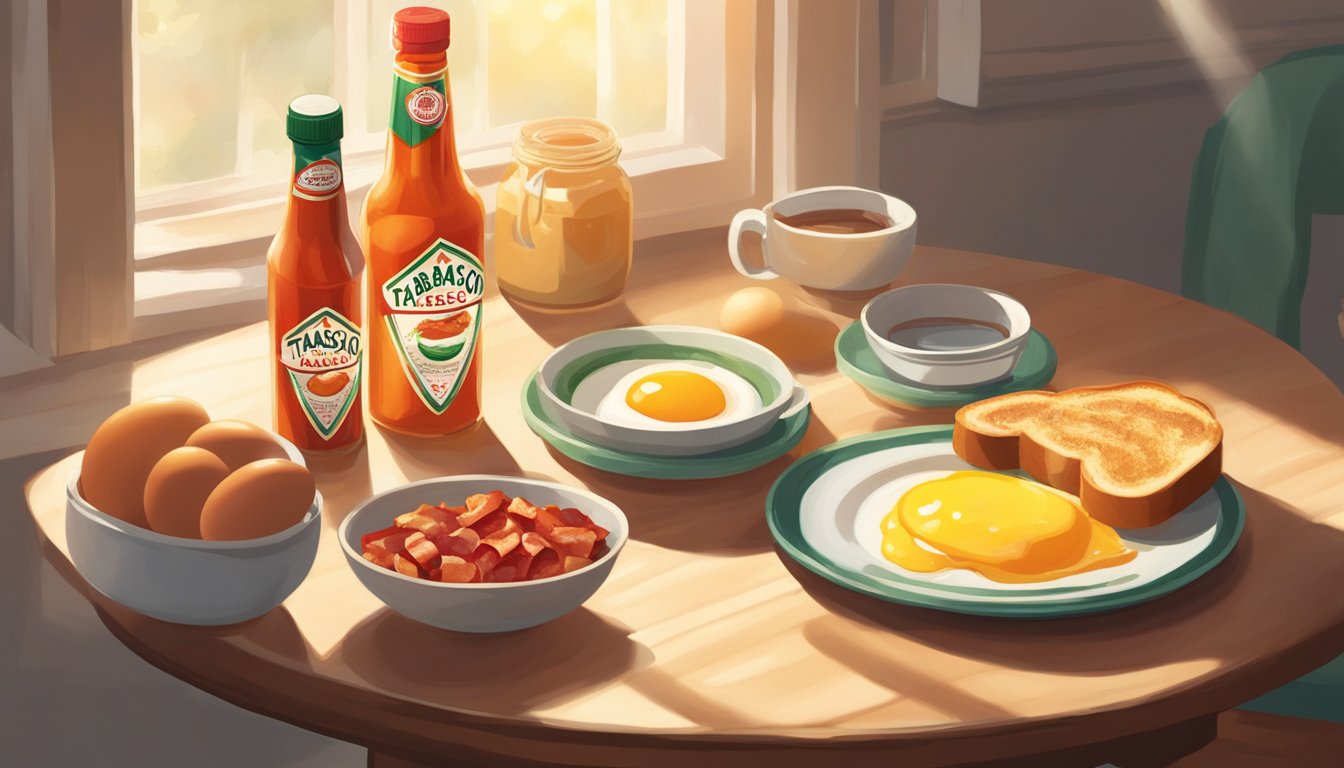 A bottle of Tabasco Pepper Sauce sits next to a plate of breakfast foods, including eggs, bacon, and toast. Sunlight streams in from a window, casting a warm glow over the scene