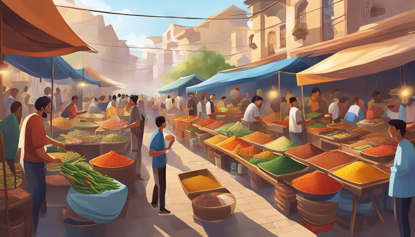 A bustling outdoor market with colorful stalls selling a variety of spicy ingredients and dishes from different cultures. Aromas of chili peppers, curry, and paprika fill the air