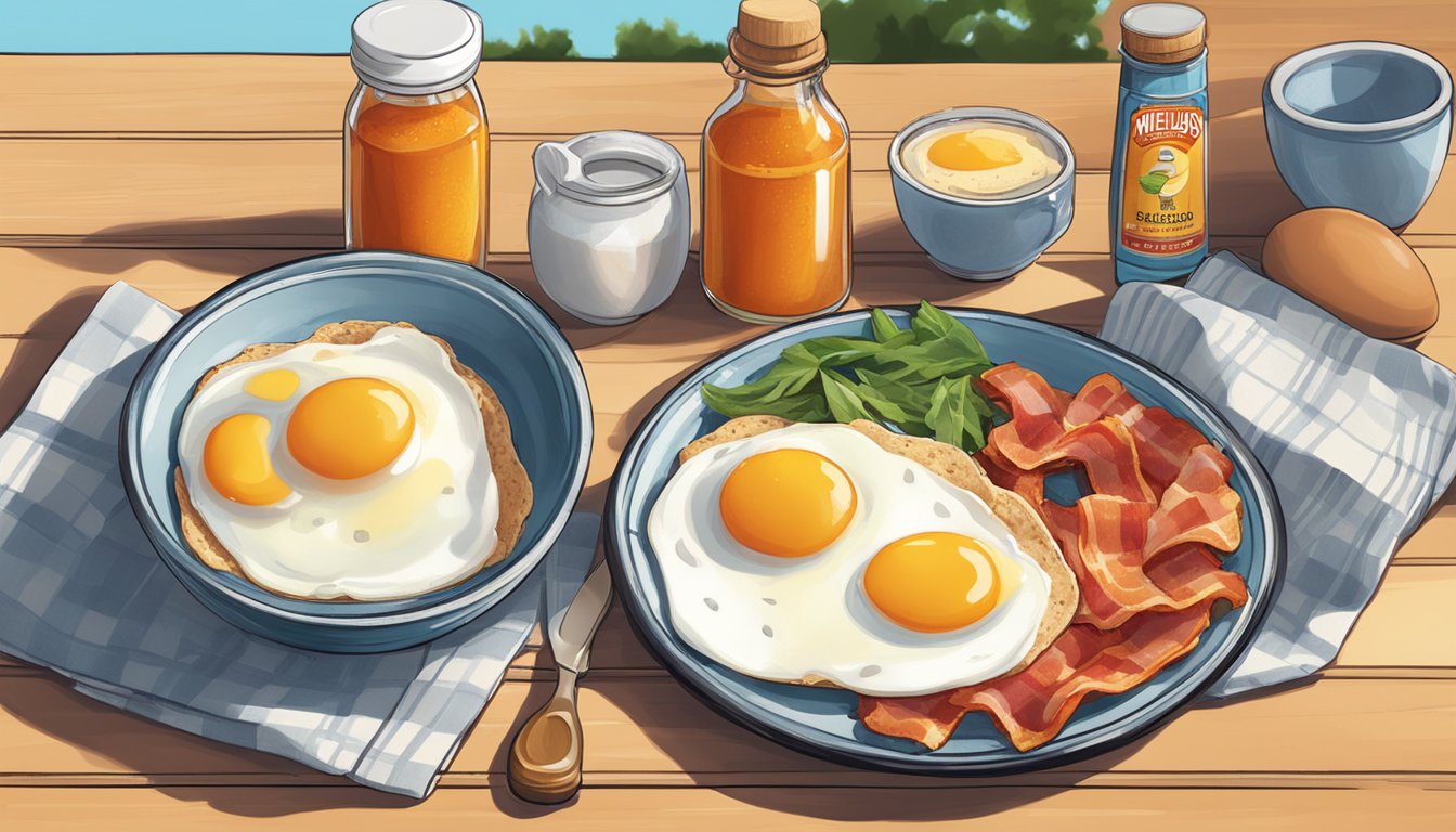 A sunny breakfast table with a bottle of Melinda's Original Habanero hot sauce next to a plate of eggs and bacon