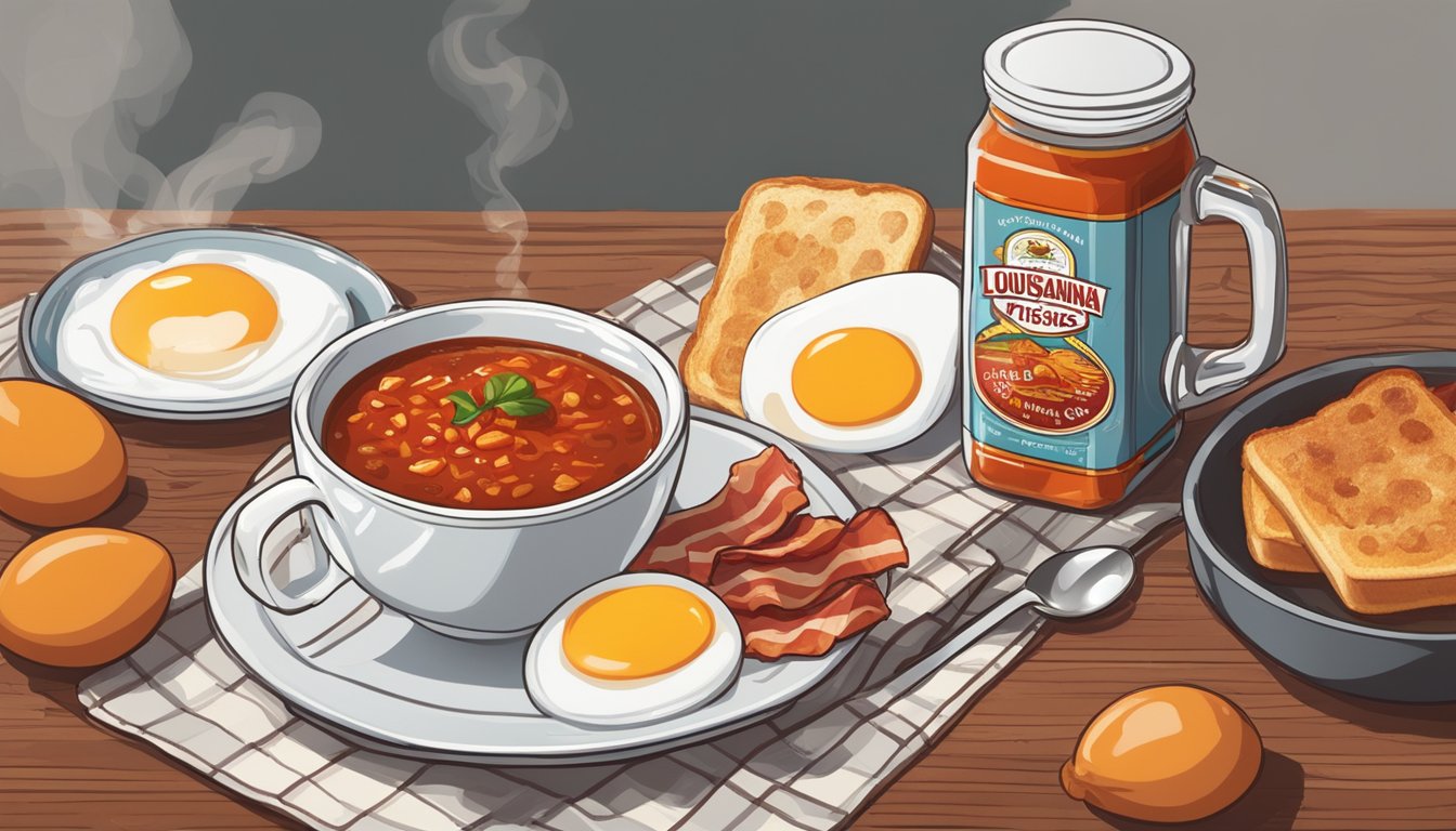 A bottle of Louisiana Hot Sauce sits on a breakfast table surrounded by eggs, bacon, and toast. A steaming cup of coffee completes the scene