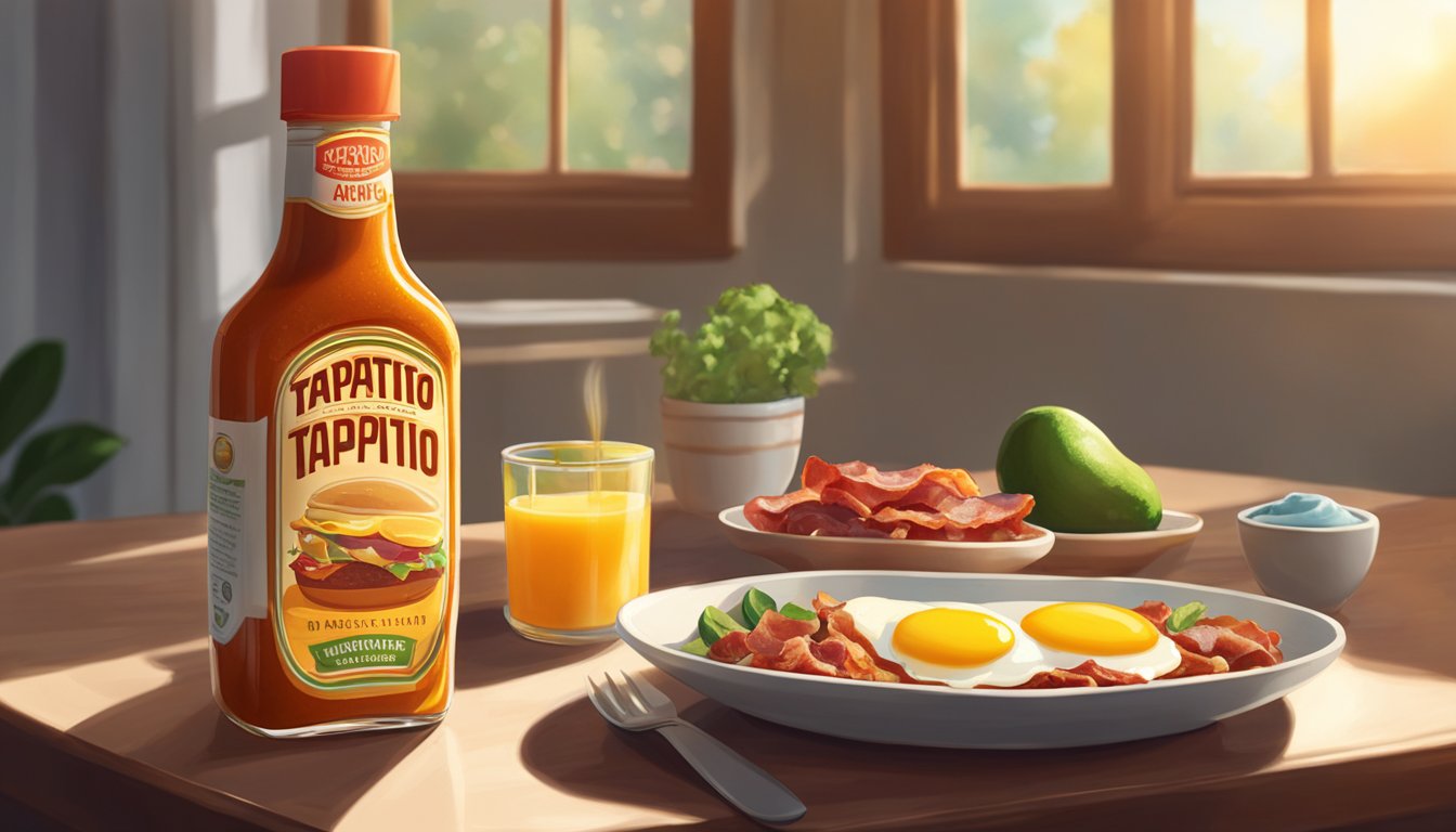 A bottle of Tapatío Hot Sauce sits on a breakfast table with eggs, bacon, and avocado. Sunlight streams in through a window, casting a warm glow over the scene