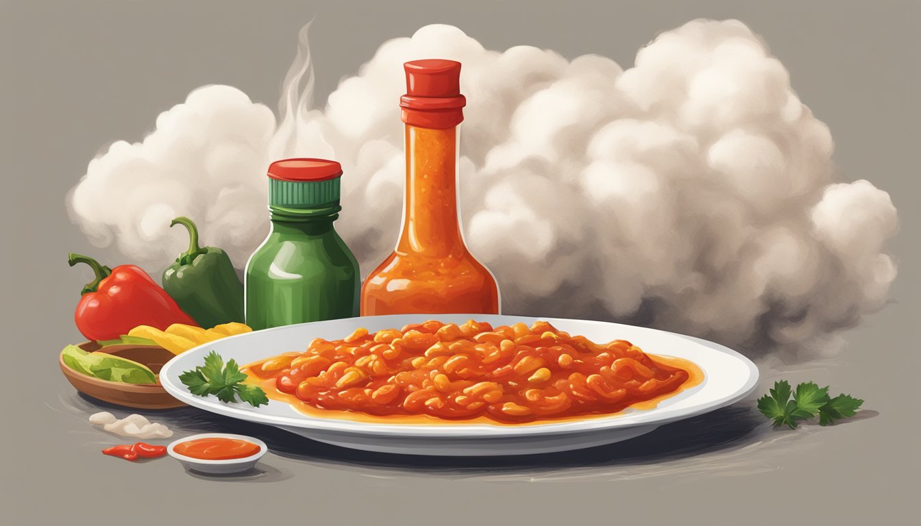 A bottle of hot sauce surrounded by a cloud of smoke as it pours onto a plate of food