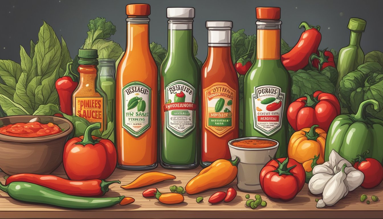 A variety of hot sauce bottles surrounded by fresh ingredients like peppers and tomatoes, with a scientific study in the background debunking hot sauce myths