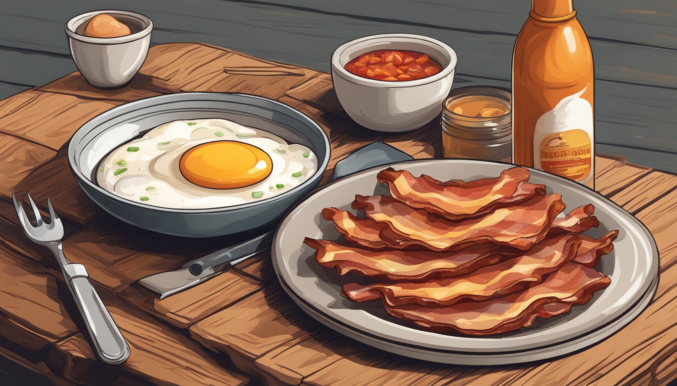 A steaming plate of eggs and bacon with a bottle of hot sauce next to it on a rustic wooden table