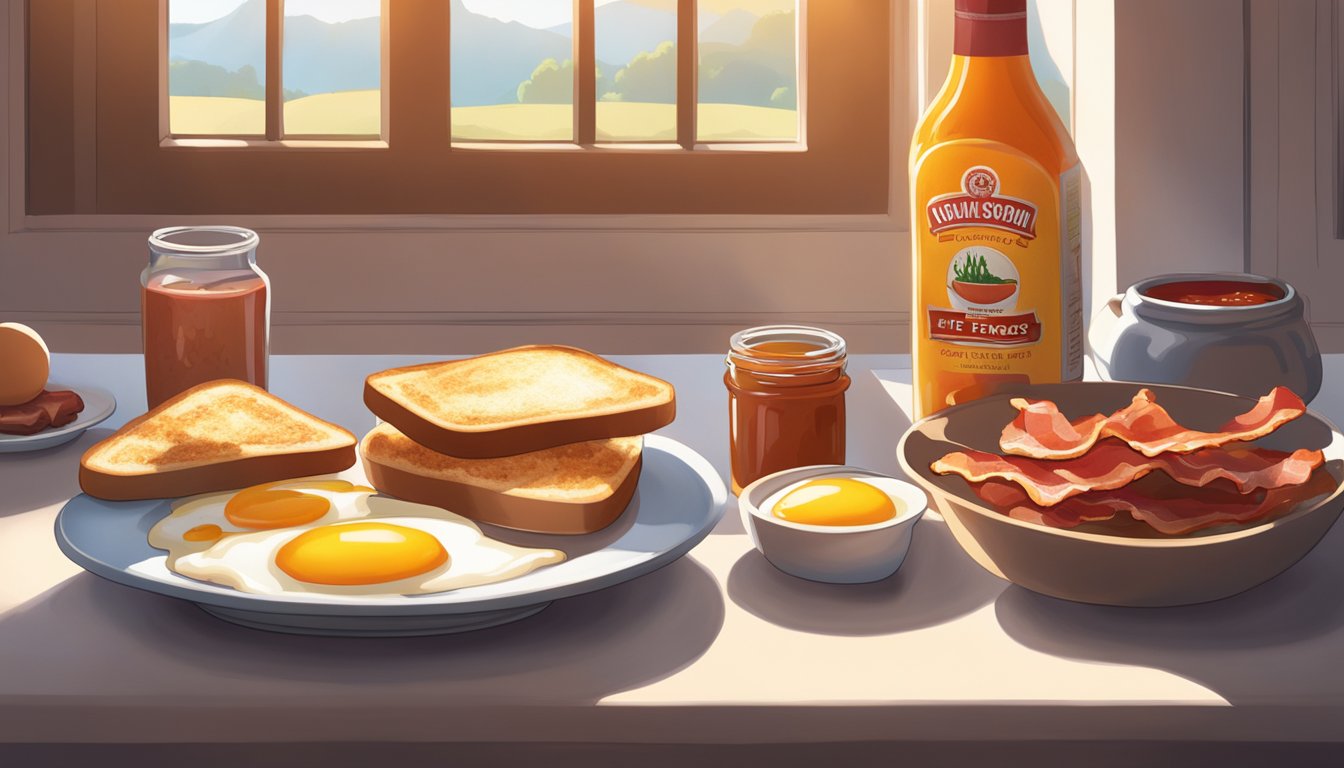 A steaming plate of eggs, bacon, and toast with a variety of hot sauces arranged next to it. The morning sunlight streams in through a window, casting a warm glow over the scene