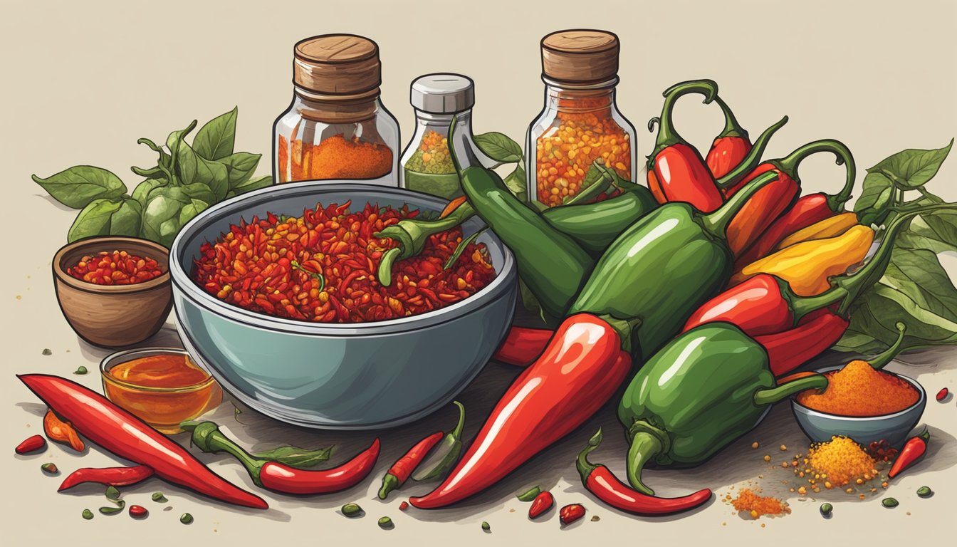 A variety of chilies, ranging from mild to extremely spicy, are being crushed and mixed together to create hot sauce