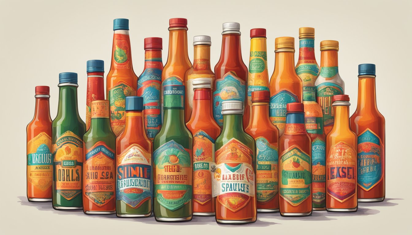 A table covered in various hot sauce bottles, each labeled with unique flavor profiles and heat levels. Vibrant colors and bold typography catch the eye