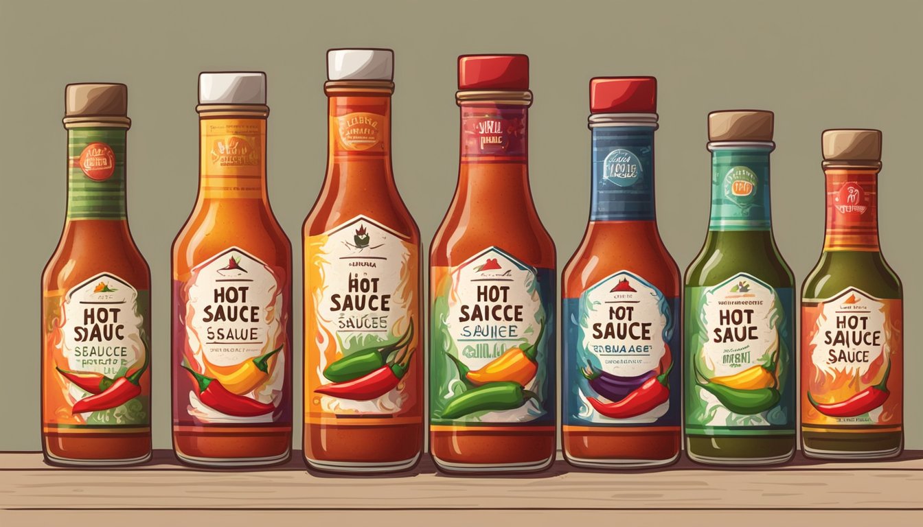 Assorted hot sauce bottles arranged in a row, each with a unique label and color, surrounded by chili peppers and flames