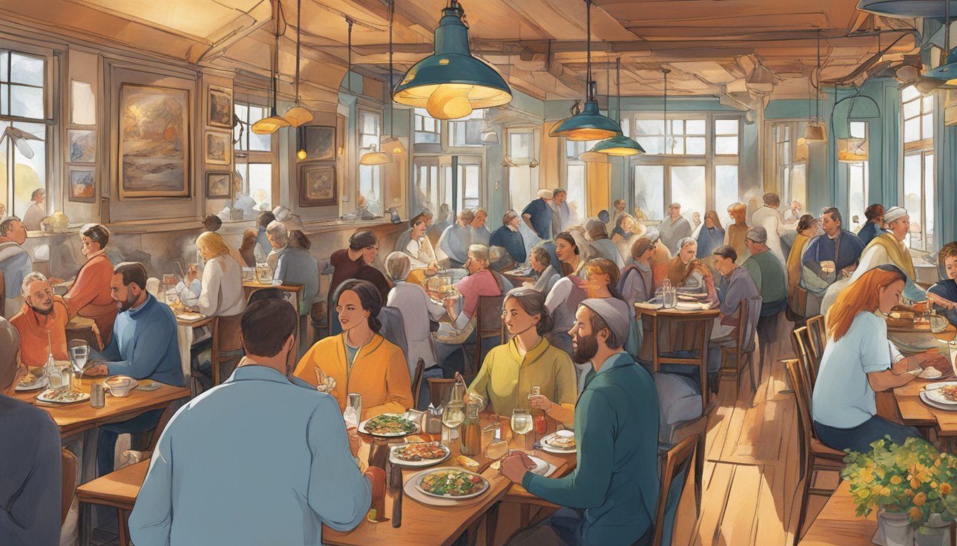 A bustling restaurant in Sweden with steaming plates of fiery, colorful dishes and patrons reaching for water