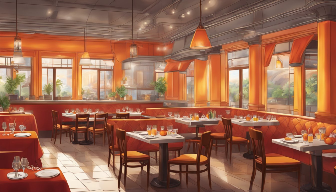 A bustling restaurant with fiery red and orange decor, filled with steaming dishes of global cuisine