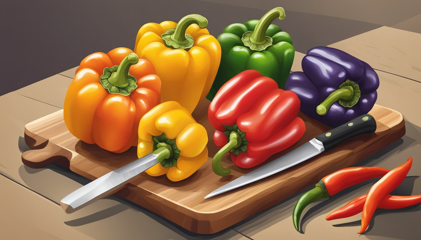 A variety of colorful peppers arranged on a cutting board, with a knife and mortar and pestle nearby