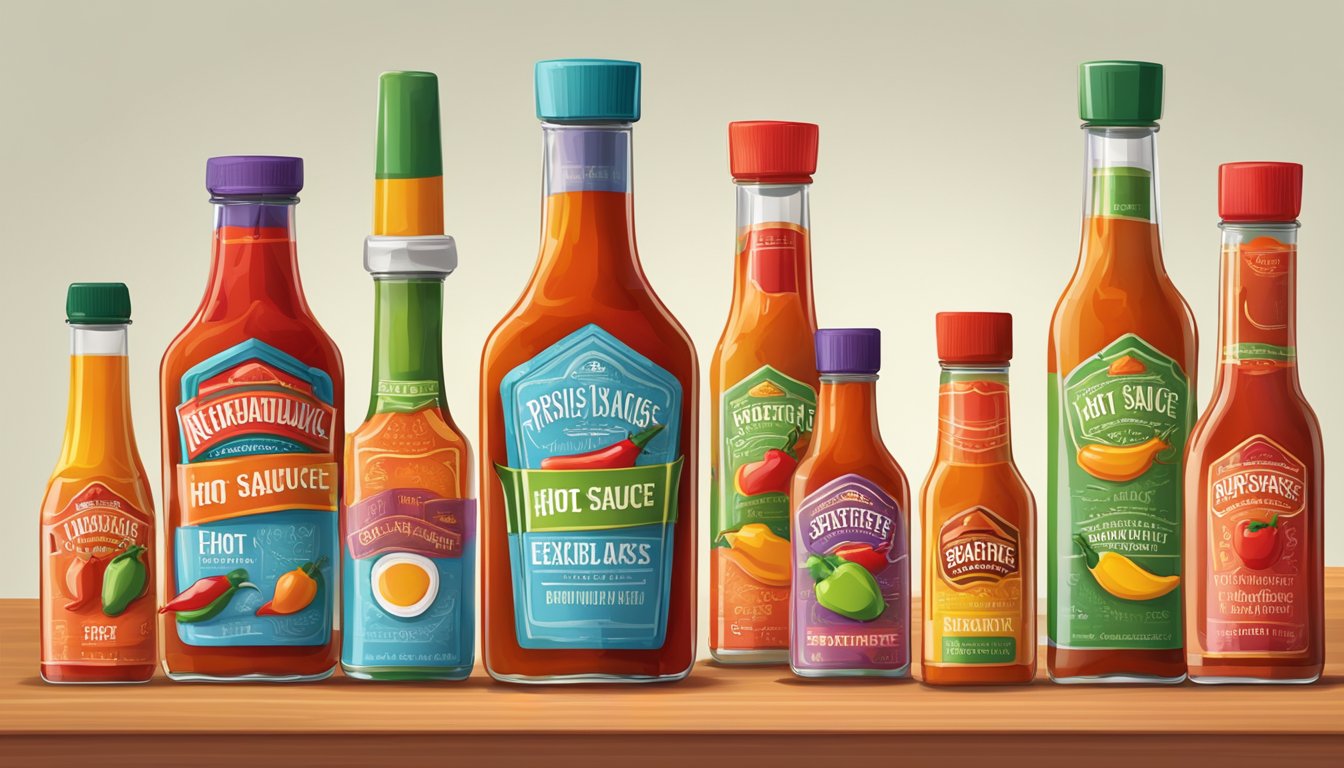 A variety of hot sauce bottles arranged on a table, with colorful labels and different shapes and sizes