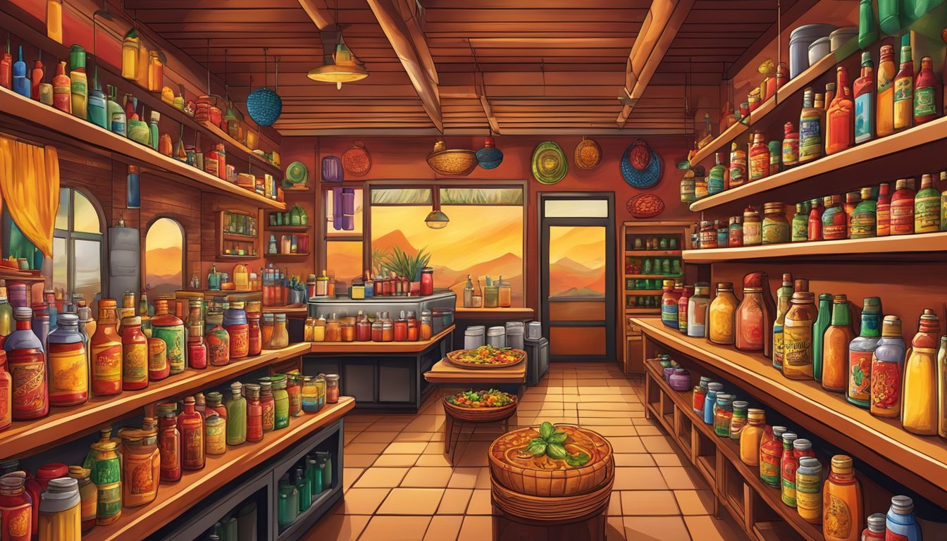 A bustling Mexican restaurant with fiery red and yellow decor, surrounded by shelves of colorful hot sauce bottles. The air is filled with the tantalizing aroma of spicy dishes