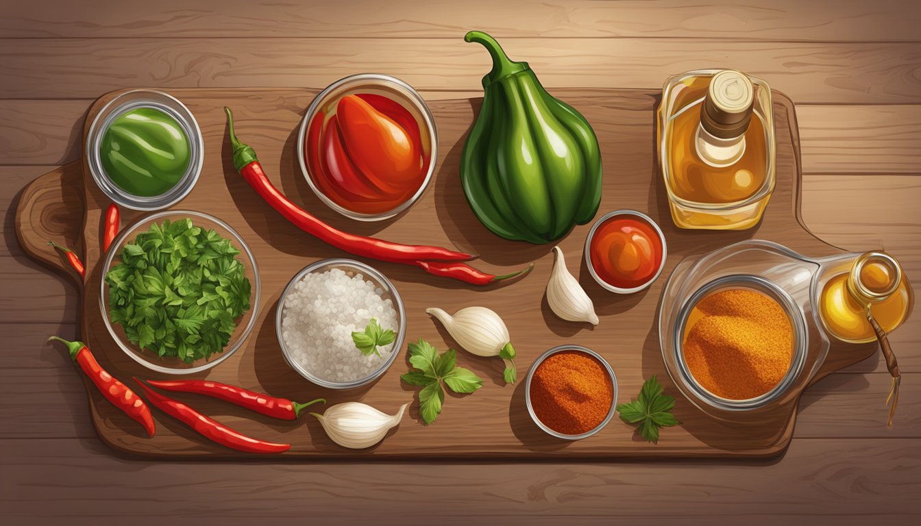 A variety of hot sauce ingredients, including chili peppers, vinegar, spices, and garlic, arranged on a wooden cutting board