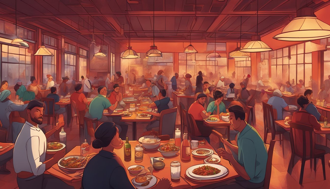 A bustling restaurant with fiery red decor, steam rising from sizzling dishes, and patrons fanning their mouths as they indulge in the spiciest cuisine