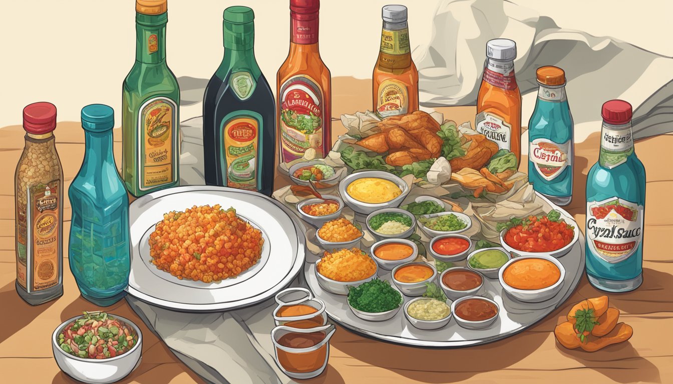 A table filled with various cuisines, each accompanied by a bottle of Crystal Hot Sauce