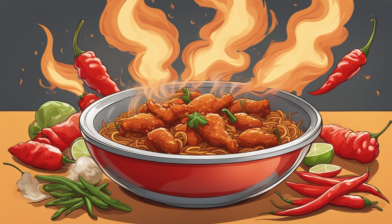 A steaming bowl of Buldak Hot Chicken noodles surrounded by fiery red chili peppers and smoke rising from the intensely spicy dish