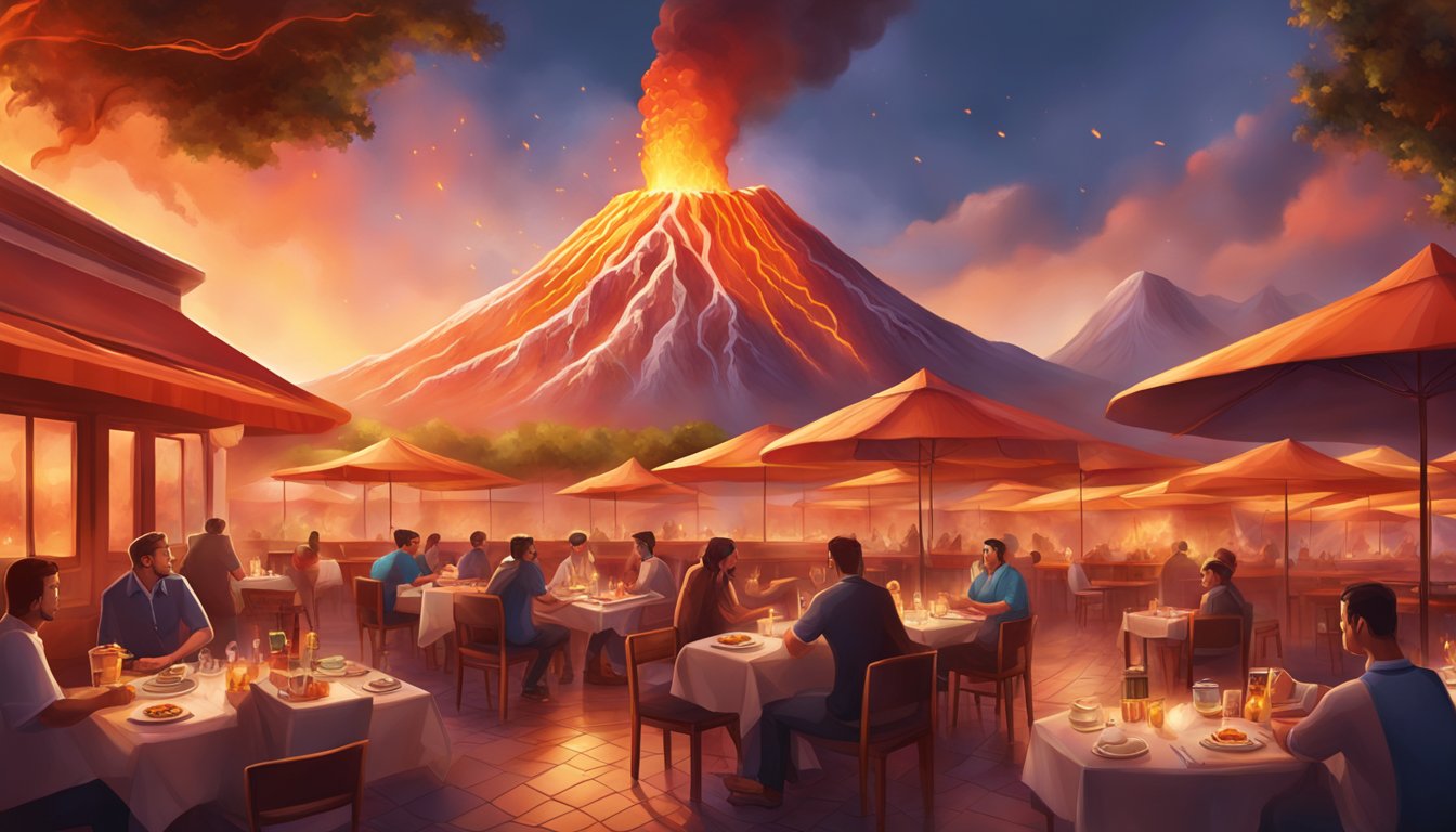 A fiery volcano erupting with vibrant red and orange flames, surrounded by tables of steaming hot dishes at the spiciest restaurants in the world