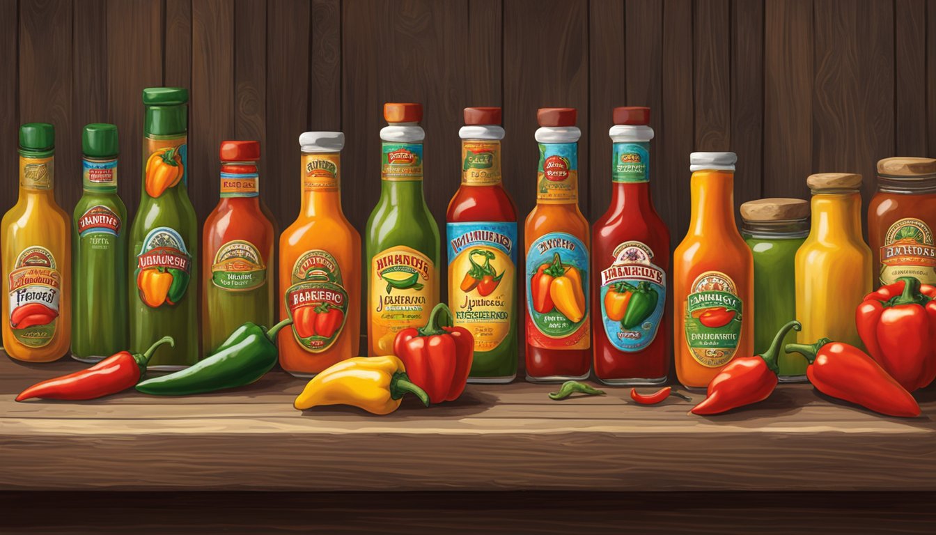 A colorful array of peppers, including habaneros, jalapeños, and bell peppers, are arranged on a rustic wooden table, surrounded by bottles of Melinda's Original Habanero Pepper Sauce