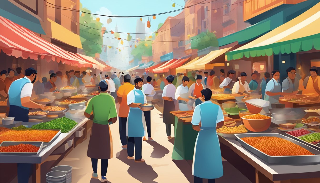 A bustling street filled with colorful, aromatic food stalls, with chefs expertly preparing fiery dishes and customers eagerly sampling the world's spiciest cuisines