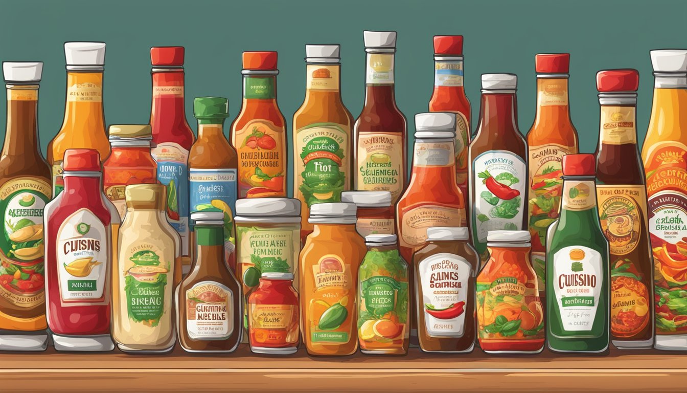 A table with a variety of hot sauces from different cuisines, including Mexican, Indian, and Thai. Each bottle is labeled with the cuisine it pairs best with