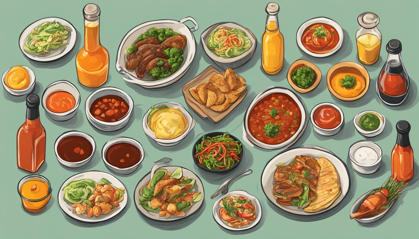 A table with various global dishes and corresponding hot sauces