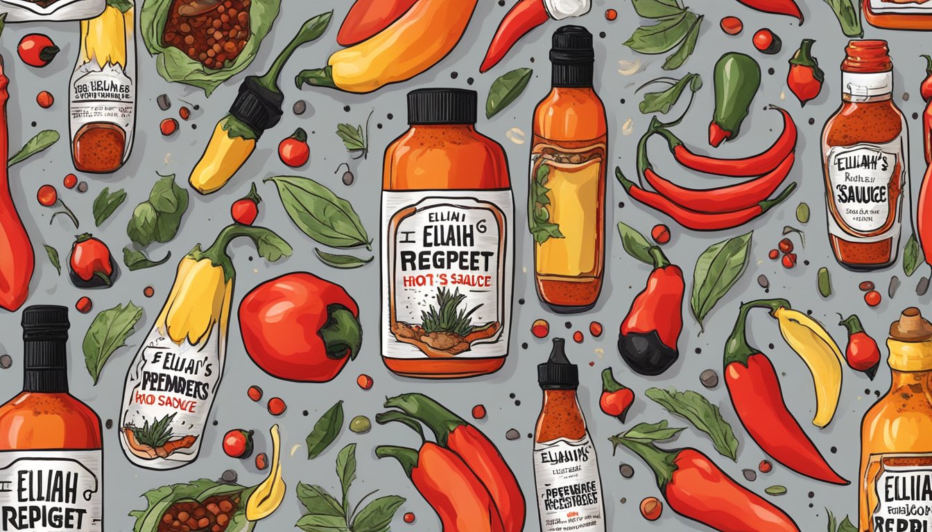 A bottle of Elijah's Xtreme Regret Hot Sauce surrounded by fiery red chili peppers and smoky black peppercorns