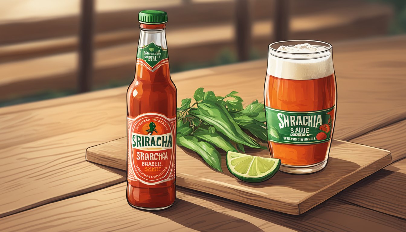 A bottle of Sriracha hot sauce and a glass of pale ale on a wooden table