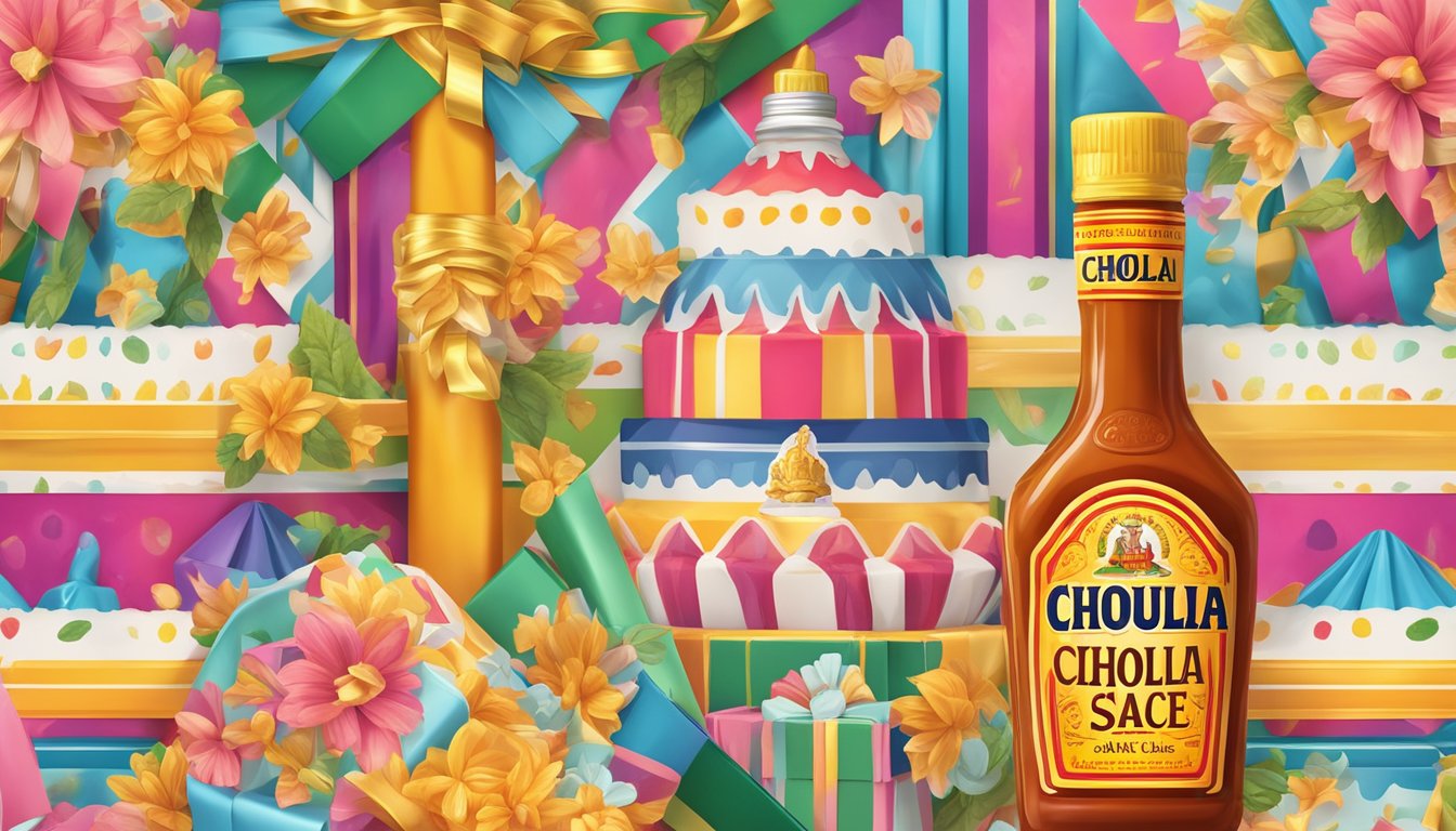 A bottle of Cholula Original Hot Sauce surrounded by colorful gift boxes and ribbons