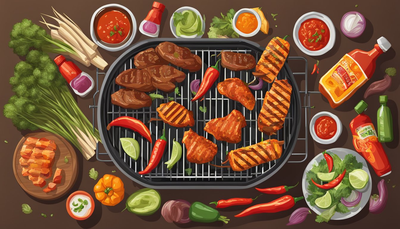 A sizzling barbecue grill with various meats and vegetables, surrounded by bottles of Sriracha Hot Chili Sauce and other hot sauces