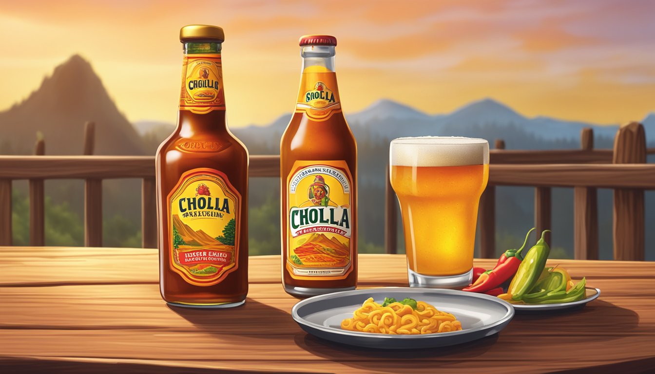 A bottle of Cholula hot sauce sits next to a glass of Pilsner beer on a wooden table, with a plate of spicy food in the background