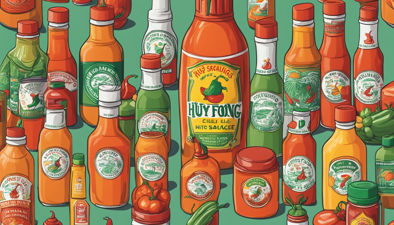 A bottle of Huy Fong Sriracha Hot Chili Sauce surrounded by various hot sauce gifts on a kitchen counter